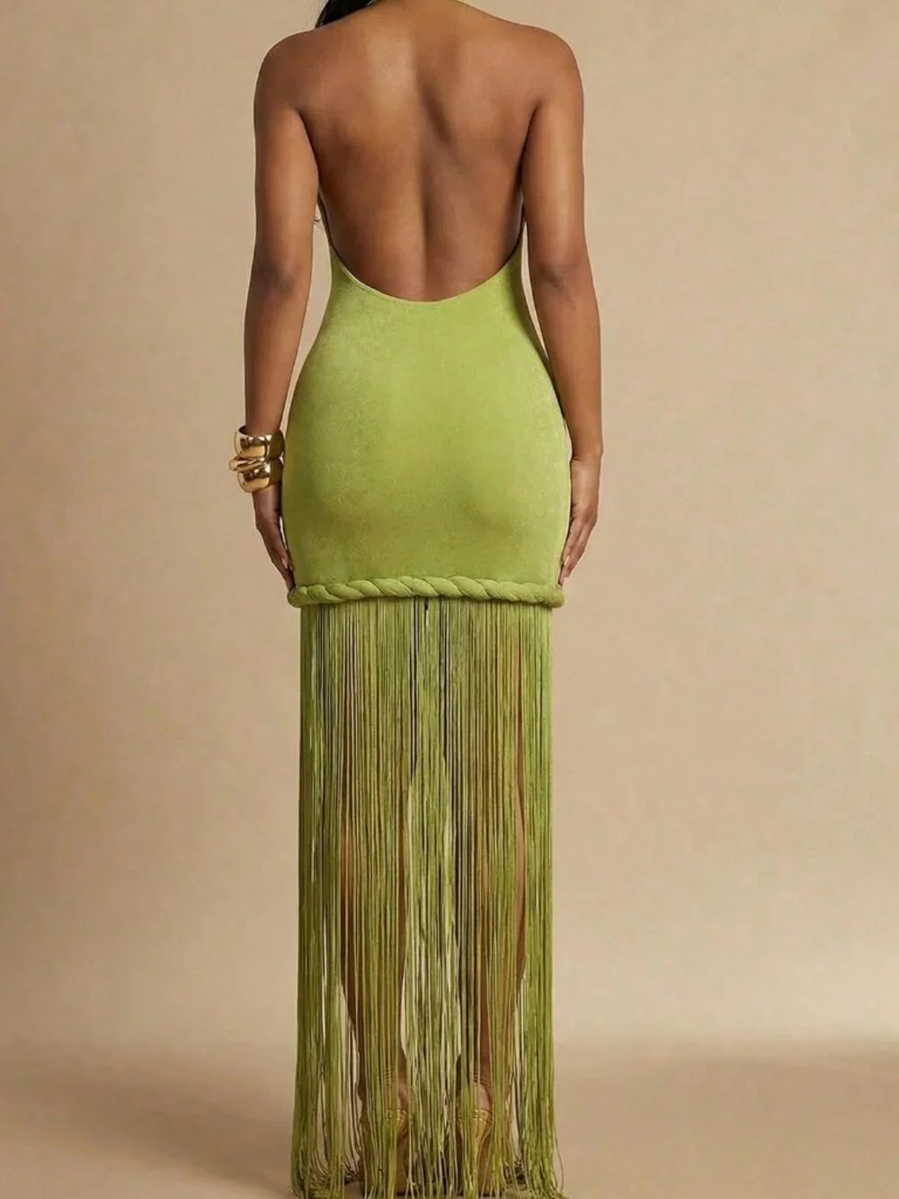 Green Sexy Halter Backless Fringed Dress Women's Long Beach Dress - Picture 2 of 6